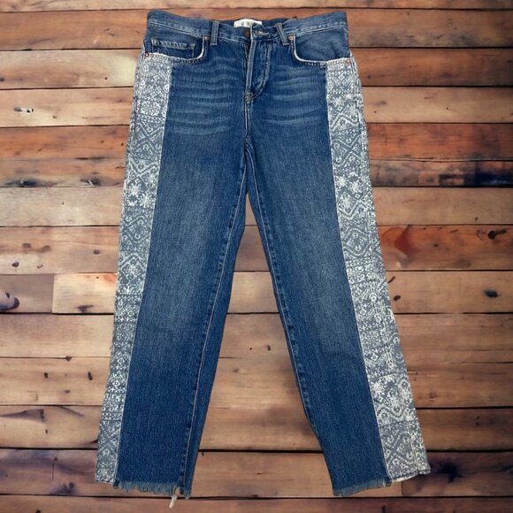Free People Denim - We the Free Aztec Side Panel Cropped Boyfriend Jeans Raw Hem  26 Waist  - N268